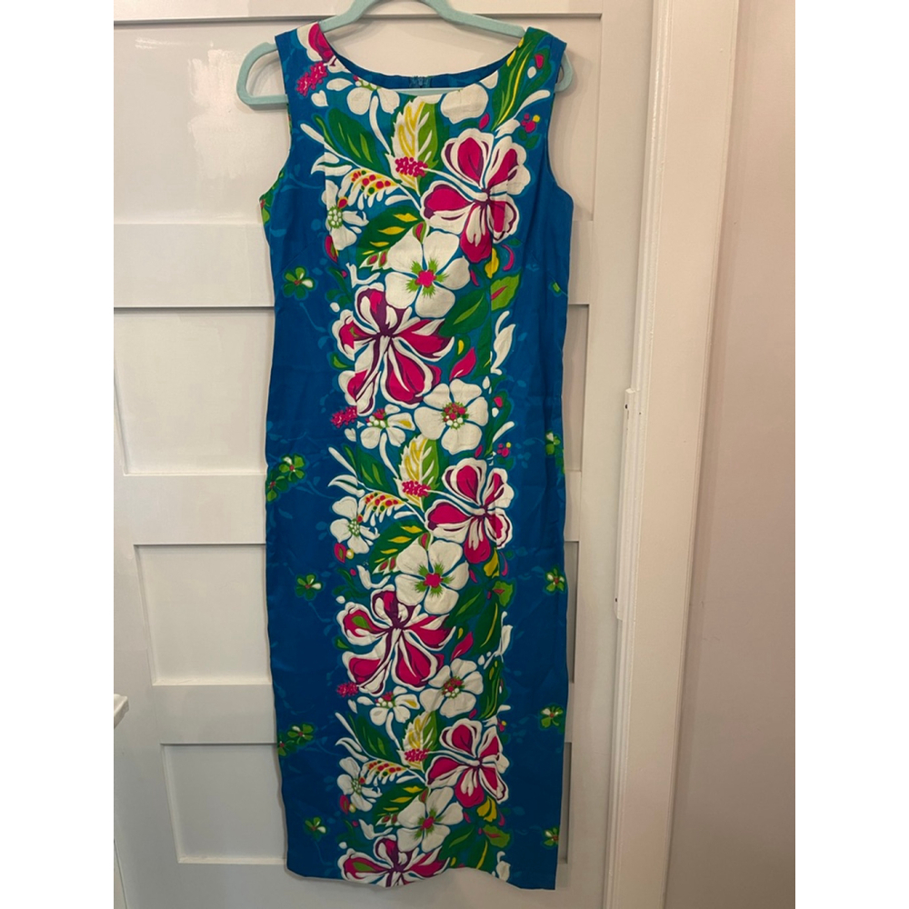 Vintage Kalakaua Hawaiian Dress Floral Maxi Sheath Blue Pink White Made Hawaii